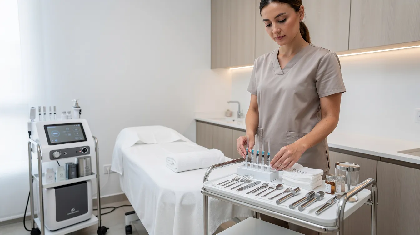 An aesthetic provider is meticulously arranging a clean, modern treatment room equipped with advanced medical tools, preparing for a minimally invasive laser treatment that stimulates collagen production for skin tightening. The environment reflects a professional and calming atmosphere, ideal for patients seeking effective solutions for sagging skin and moderate skin laxity.