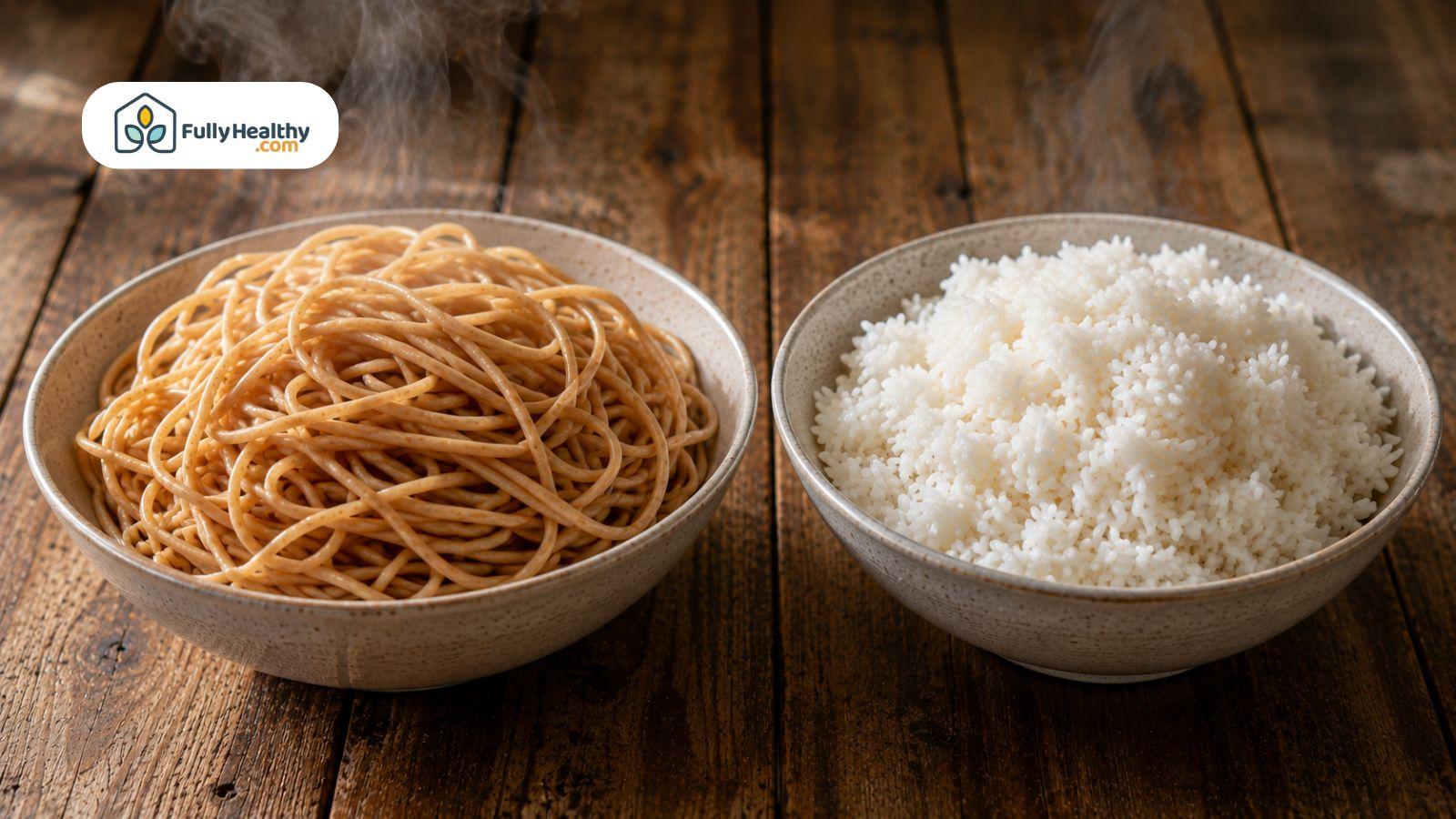 Side-by-side bowls of cooked whole wheat spaghetti and white rice comparison.