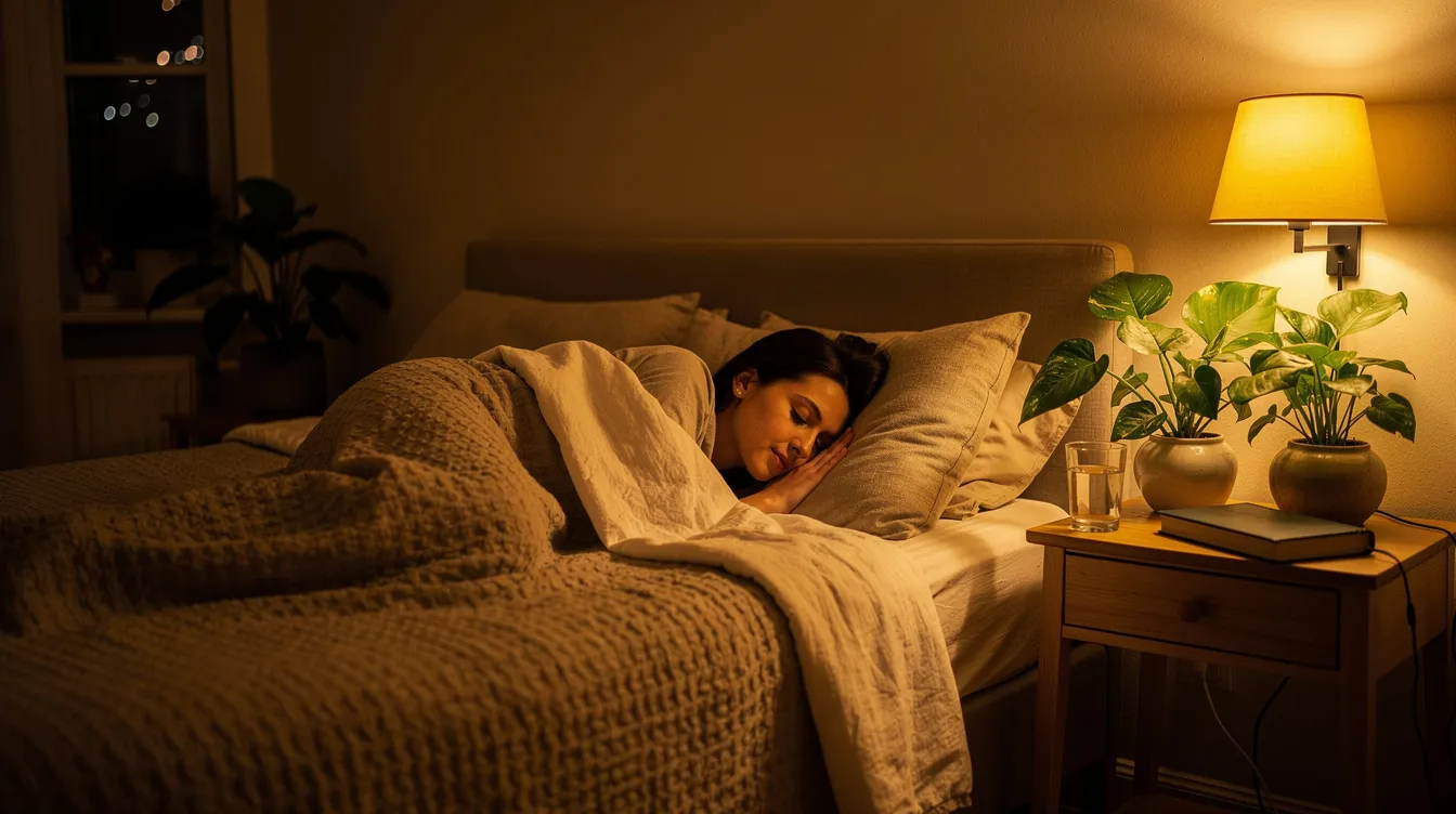 A person is sleeping peacefully in a dimly lit bedroom, where soft warm lighting creates a calming atmosphere, and plants adorn the nightstand. This serene environment may promote relaxation and well-being, much like the health benefits associated with reishi mushrooms, known for their immune system support and potential to reduce fatigue.