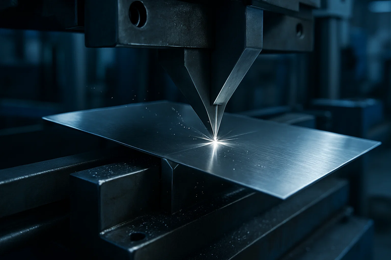 Precision sheet metal fabrication of stainless steel in a workshop.