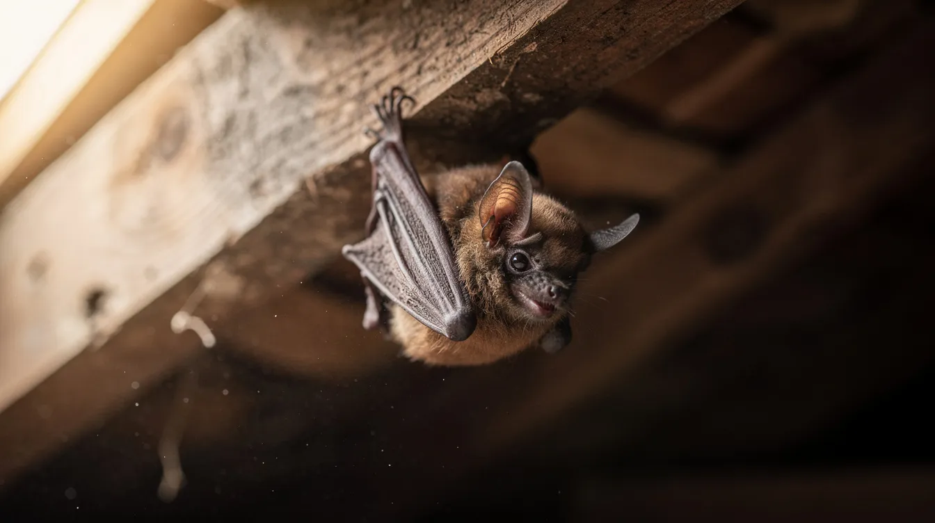 A close-up photograph captures a little brown bat roosting comfortably on a wooden beam in an attic, showcasing its small size and delicate features. This image highlights the common bat species often found in homes, emphasizing the importance of professional bat removal services to address potential health risks and prevent future bat infestations.