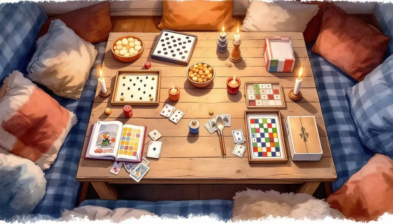 Family game night setup with various board games for screen free fun.