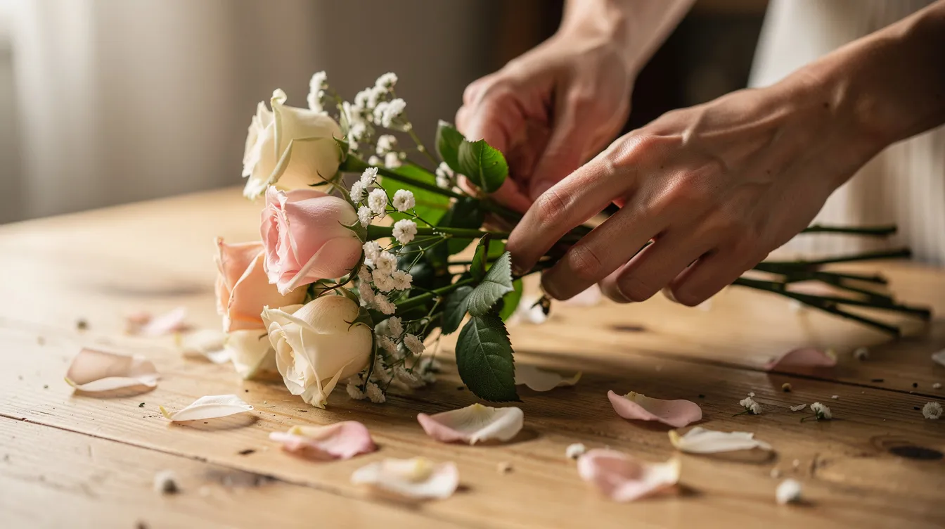 A pair of hands is carefully arranging a small bouquet of fresh flowers on a wooden table, showcasing the beauty of nature. This act of creating a beautiful bloom can help reduce stress and anxiety levels, promoting mental wellbeing and positive emotions.