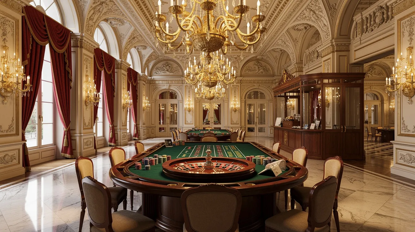 Ein eleganter Spielsaal in einem klassischen europäischen Casino, ausgestattet mit einem Roulette-Tisch, goldenen Kronleuchtern und hohen Decken, vermittelt ein Gefühl von Luxus und Geselligkeit. Spieler genießen hier die Atmosphäre des Glücksspiels und die Vielfalt der Casinospiele.