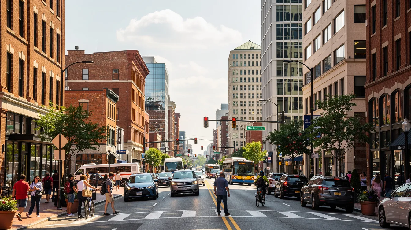 The image depicts a bustling downtown street in Richmond, Virginia, filled with cars and pedestrians going about their day. This vibrant scene captures the energy of the city, where individuals may be navigating various legal matters, from personal injury cases to family law issues, and seeking the right legal team for their needs.