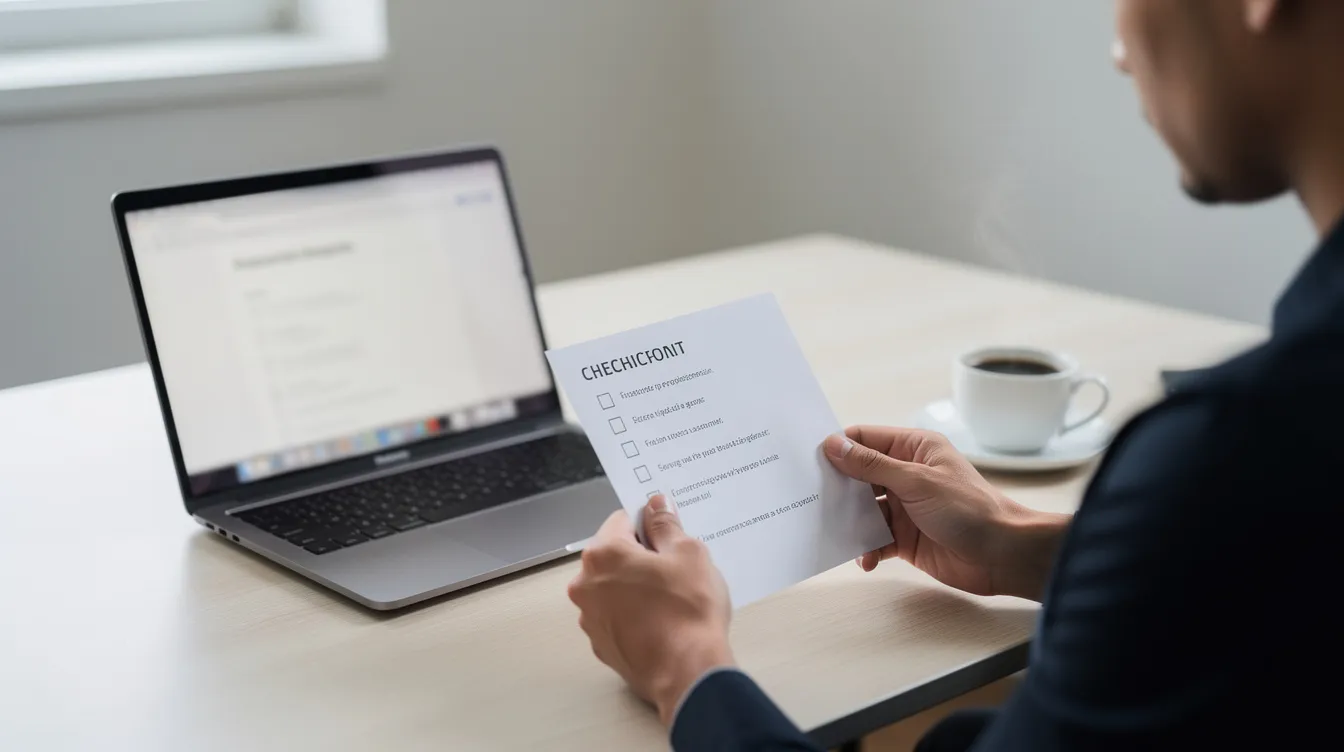 A person is seated at a clean desk, reviewing a printed checklist while a laptop and a coffee cup are positioned nearby, suggesting a focused environment for tasks like member onboarding or engagement tracking. This scene reflects the importance of structured onboarding processes for new members in membership organizations.
