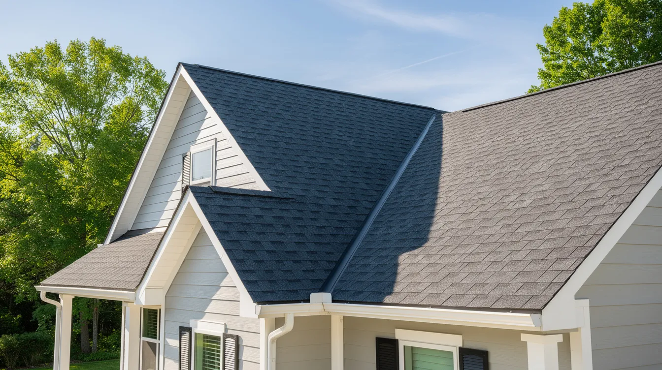 The image shows a clean, finished asphalt shingle roof atop a family home, surrounded by lush trees under a clear blue sky, highlighting the quality of the roofing materials used for a durable and attractive roofing system. This residential roofing project enhances the home's curb appeal, reflecting the craftsmanship of a professional roofing company.