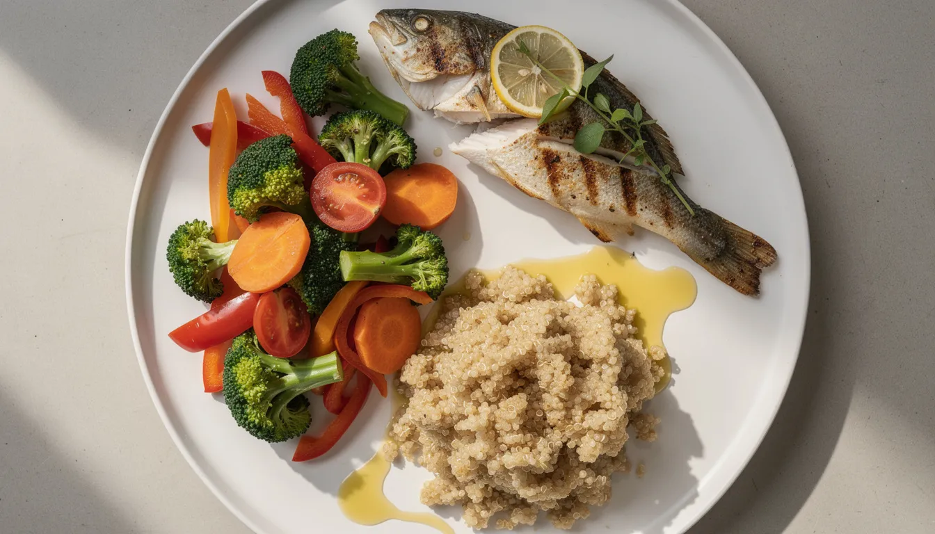 The image features a healthy plate divided into sections, showcasing vibrant, colorful vegetables, a portion of grilled fish, and quinoa drizzled with olive oil, promoting a balanced diet that can help manage blood sugar levels and support overall metabolic health. This meal is ideal for those looking to stabilize blood glucose and maintain healthy blood sugar readings.