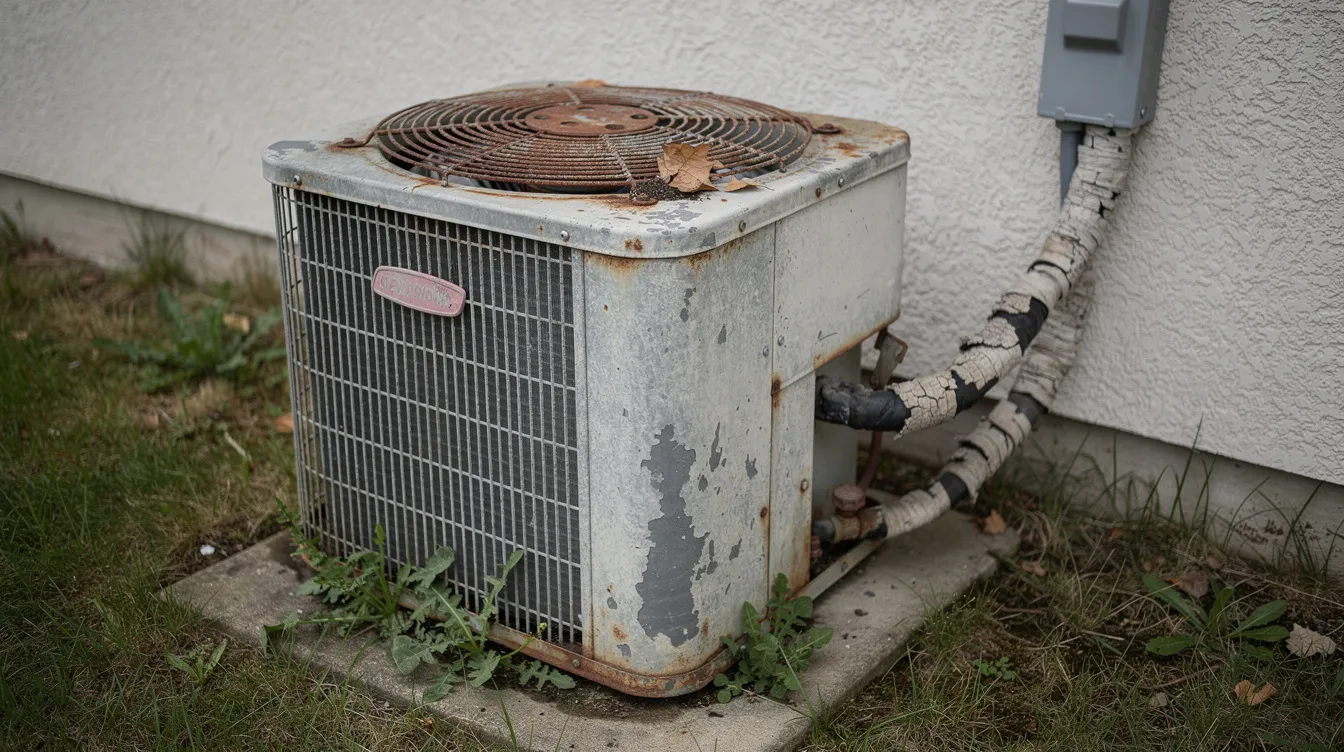 The image depicts an older, weathered outdoor AC condenser unit, showing visible signs of age and wear. This central air unit, part of an air conditioning system, may need consideration for replacement to improve energy efficiency and reduce cooling bills.