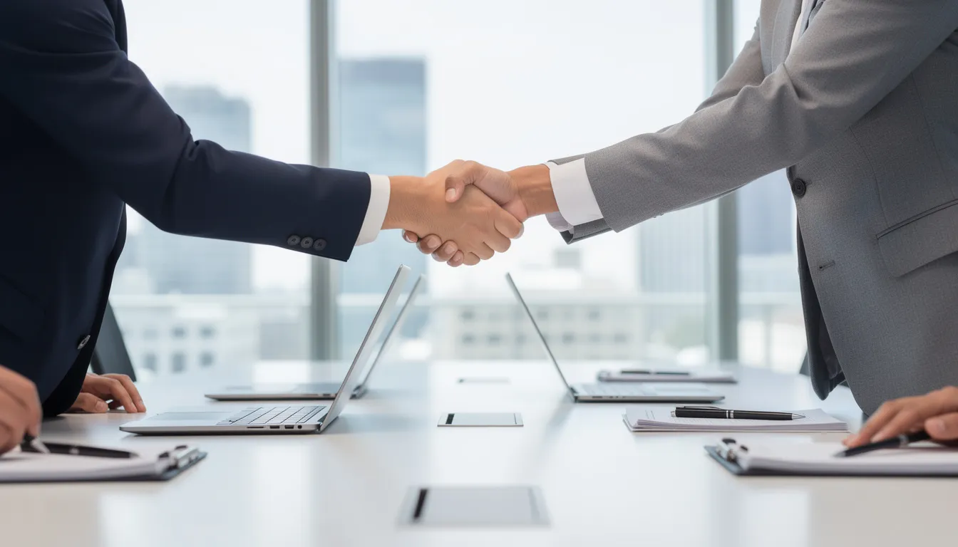 In a professional conference room, two individuals are engaged in a handshake across a table, symbolizing a partnership or agreement, possibly related to legal matters such as estate planning or trust administration. The setting reflects a formal atmosphere where legal teams might discuss fiduciary duties and estate issues, highlighting the importance of legal guidance in San Diego County.