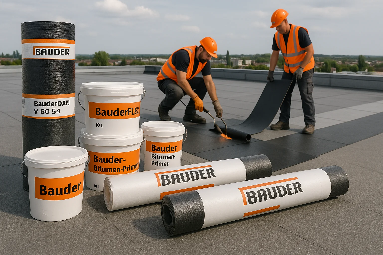 Installation of Bauder flat roofing systems with bituminous membranes on a commercial building.