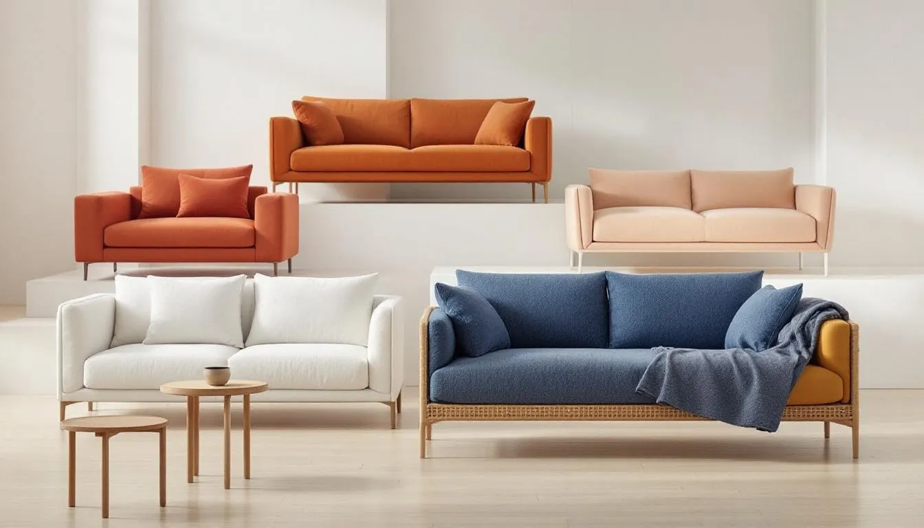 A variety of sofas made from different materials, illustrating the importance of customized care for unique sofa types.