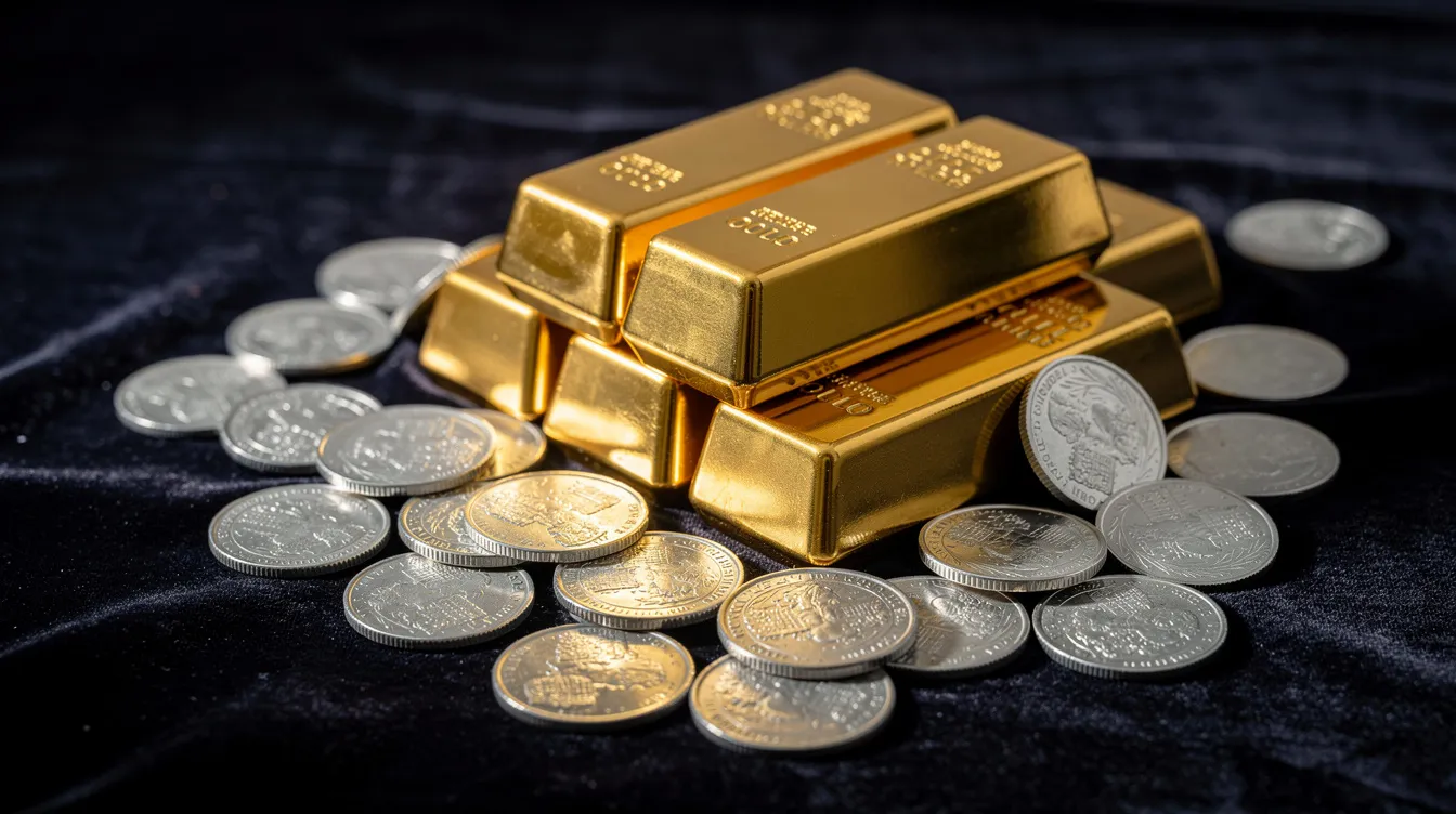 The image features a neatly arranged stack of gold bars alongside silver coins, all resting on a dark velvet surface, showcasing the beauty of precious metals. This visual represents a tangible asset investment, appealing to collectors and investors interested in purchasing gold and silver for their portfolios.