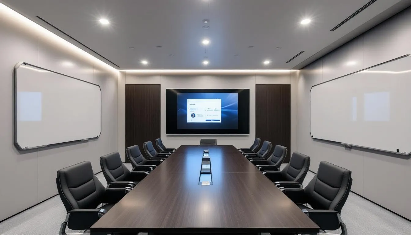 A sleek and modern conference room is equipped with advanced presentation technology, featuring a large screen, comfortable seating, and a professional atmosphere ideal for business meetings or events. This space could be part of hotel packages that cater to corporate needs, offering amenities such as nearby attractions and exclusive discounts for attendees.