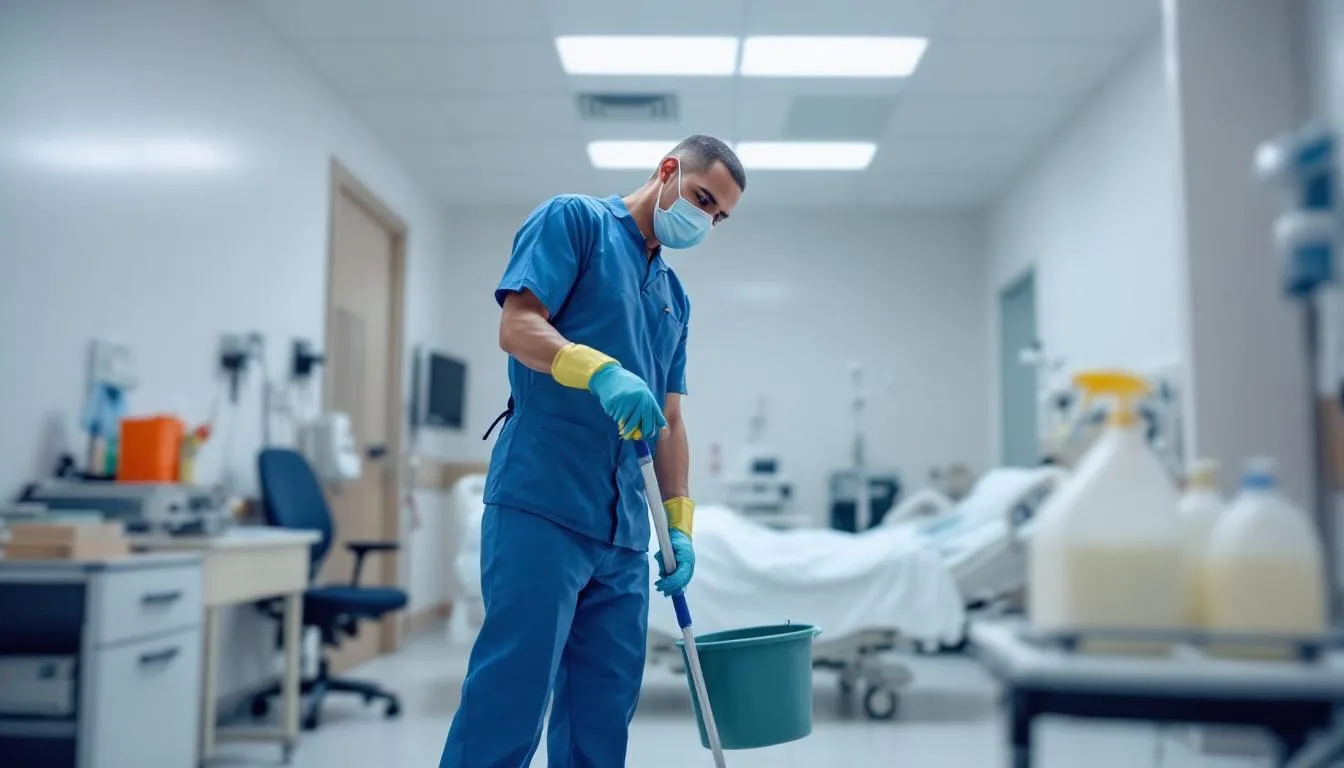 An environmental services worker is seen thoroughly cleaning and disinfecting a hospital room, utilizing appropriate personal protective equipment to prevent healthcare associated infections. This diligent effort is part of the infection prevention and control measures essential in healthcare settings to ensure patient safety and reduce the risk of infectious diseases.