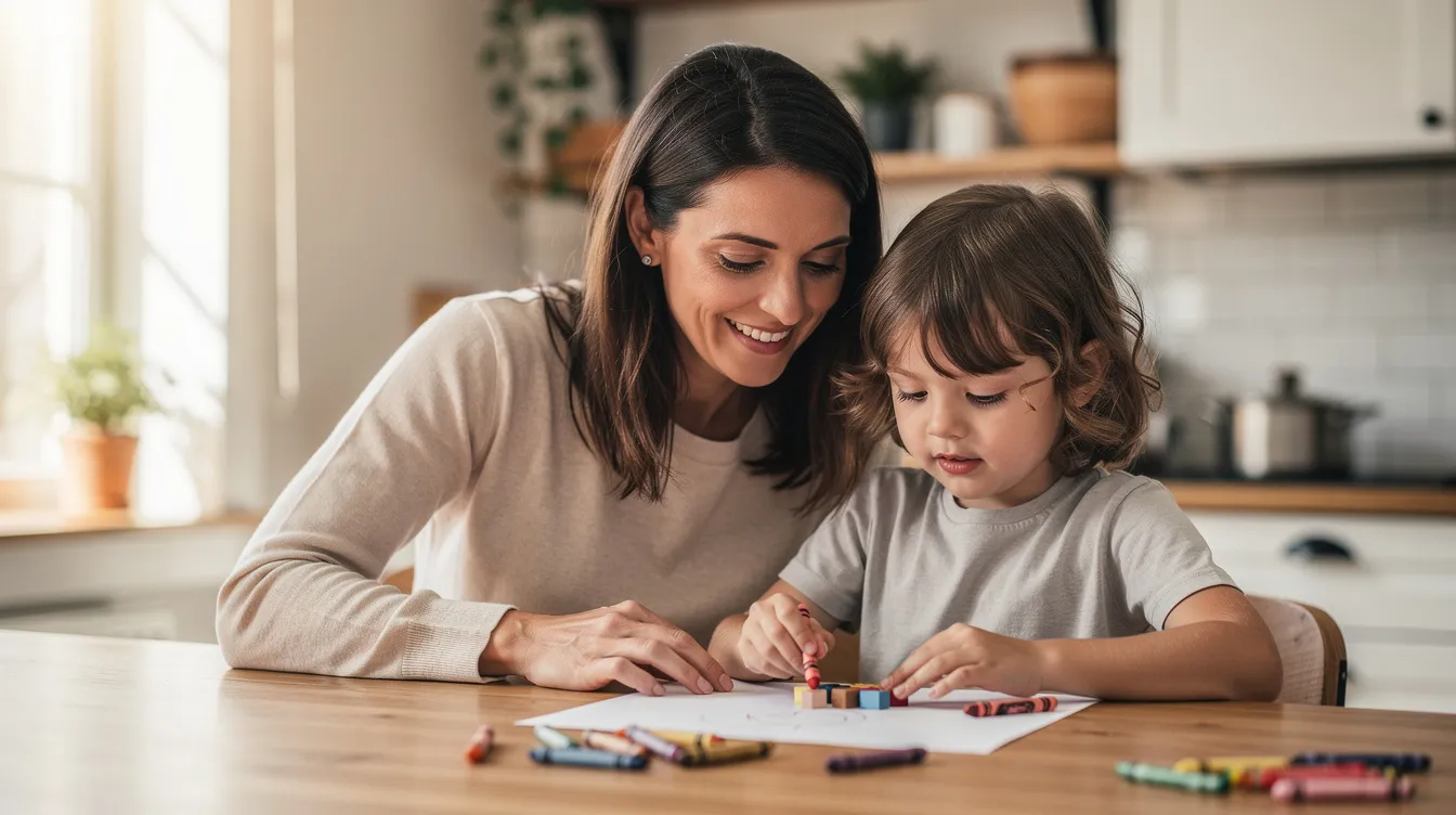 A parent and child sit together at a table, with the parent smiling encouragingly while the child, who appears to be struggling with a task, focuses on their work. This scene captures the essence of a supportive learning environment, highlighting the importance of parental involvement in a child's education and the challenges they may face during their academic journey.