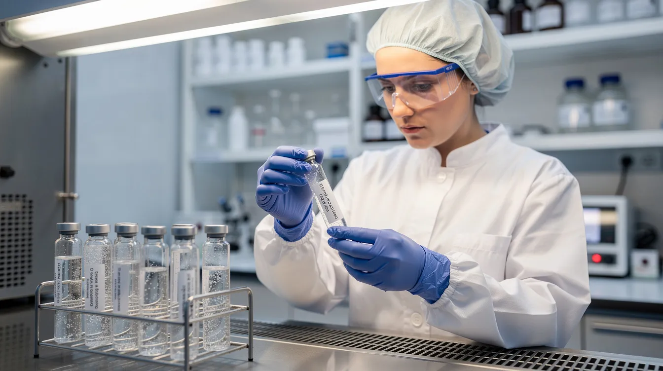 A laboratory researcher is carefully examining peptide vials under sterile conditions, focusing on the potential health benefits of synthetic peptides like BPC 157, which are known for their role in tissue repair and systemic healing. The setting emphasizes a meticulous approach to peptide research, crucial for addressing issues such as chronic inflammation and soft tissue injuries.