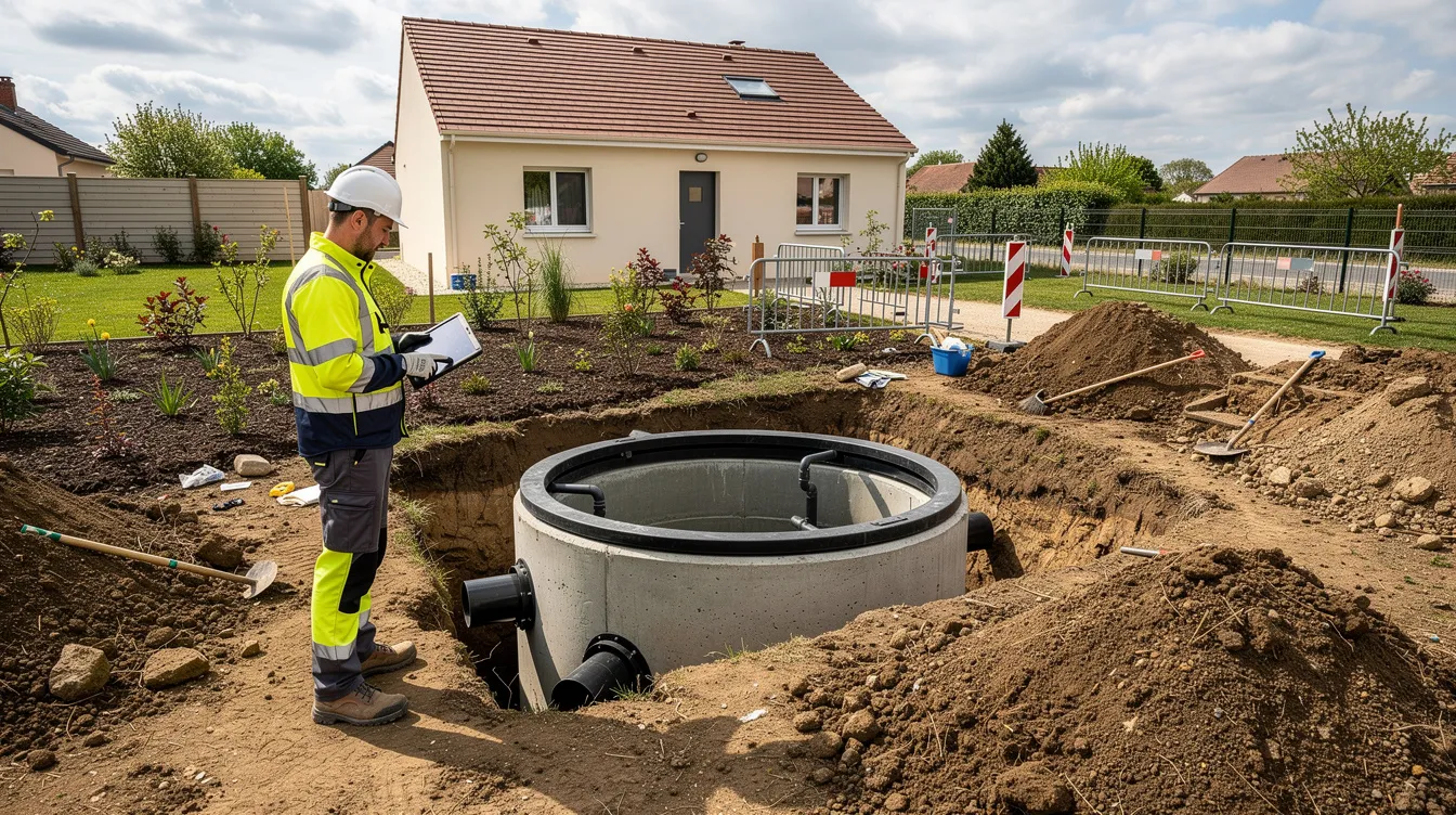 Un technicien se tient près d'une cuve d'assainissement en cours d'installation dans un jardin, supervisant les travaux de mise en place d'une micro station d'épuration. L'image montre un site de chantier où se déroulent des vérifications pour garantir la sécurité et le bon fonctionnement du système d'assainissement non collectif.