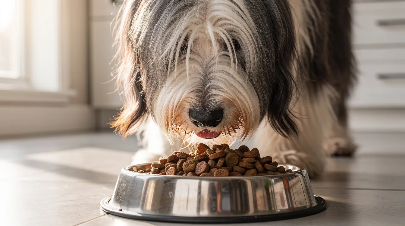 A Bearded Collie, known for its shaggy double coat and floppy ears, is happily eating high-quality kibble from a dog bowl. This medium-sized herding dog showcases its playful personality as it enjoys its meal.