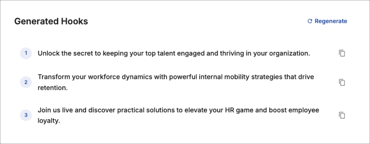 list of compelling hooks created by Landingi's AI Hook Generator