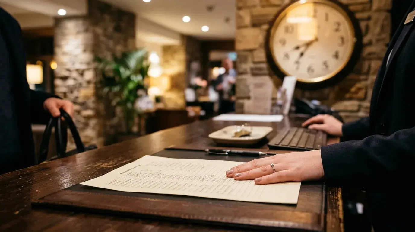 Hotel reception desk with a printed booking sheet and a wall clock behind it