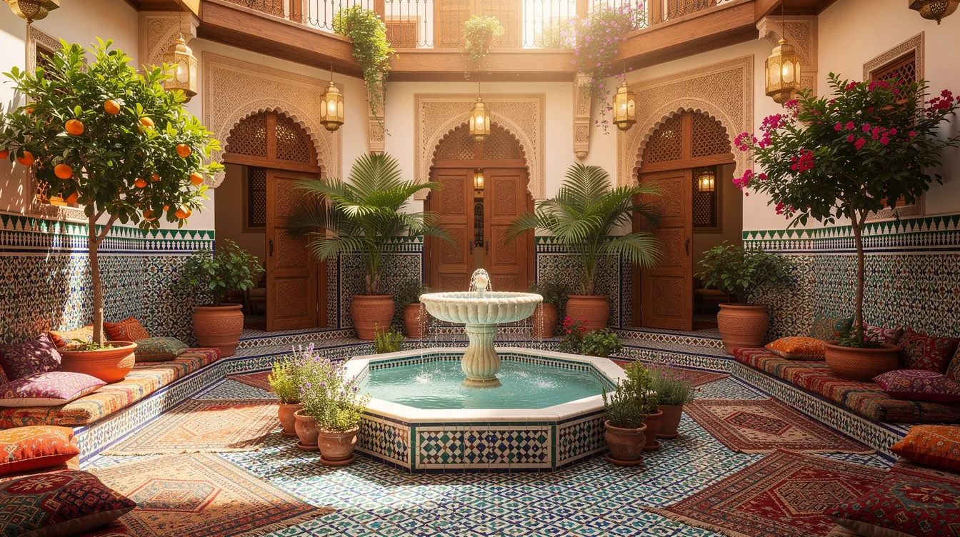 The image depicts a vibrant Moroccan riad courtyard featuring intricate colorful tiles and a serene central fountain, surrounded by lush potted plants, creating a welcoming atmosphere for families and travelers looking to explore Morocco’s rich culture. This picturesque setting is ideal for Indian tourists seeking a safe and enjoyable experience in popular destinations like Marrakech and Fes.