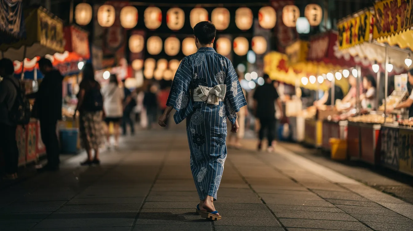 A person is walking along a lantern-lit street during a Japanese festival, dressed in a blue and white yukata, which is a traditional Japanese clothing. They are wearing wooden geta sandals, a common type of traditional Japanese footwear, complemented by tabi socks that separate the big toe from the rest of the foot.