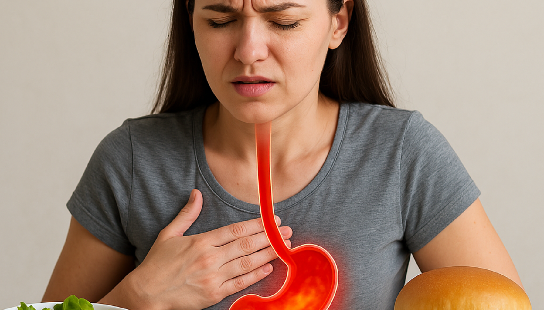 Kvinne med sure oppstøt ser plaget ut, foran henne står sunn mat og fet mat som symbol på hva man bør spise og unngå. spiserørsbrokk mat sure oppstøt store måltider unngå store spiserøret halsbrann refluks magesyre magesekken mat unngå behandling symptomer måltider plager ofte mer spise matvarer redusere bør magen mye symptomene kommer vanlig mellomgulvet mindre får enkelte hos finnes maten del alkohol problemer reflukssykdom opplever gir bidra viktig slike smerter spis les andre føre kaffe bedre tilfeller vanligste dersom lege kosthold sur gjøre sykdom reflux økt oppstår lite gjennom vekttap kjøtt god flere drikker lindre lukkemuskelen samt kirurgi eventuelt drikke risiko rett tilstanden høyt fast eksempel inntak