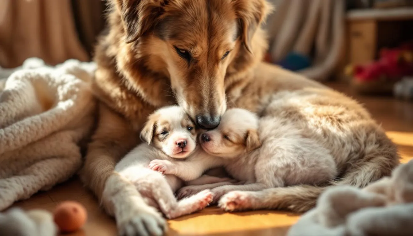 A young puppy is nursing from its mother in a clean and comfortable setting, surrounded by warmth and affection. The sweet smell of puppy breath fills the air as the pup