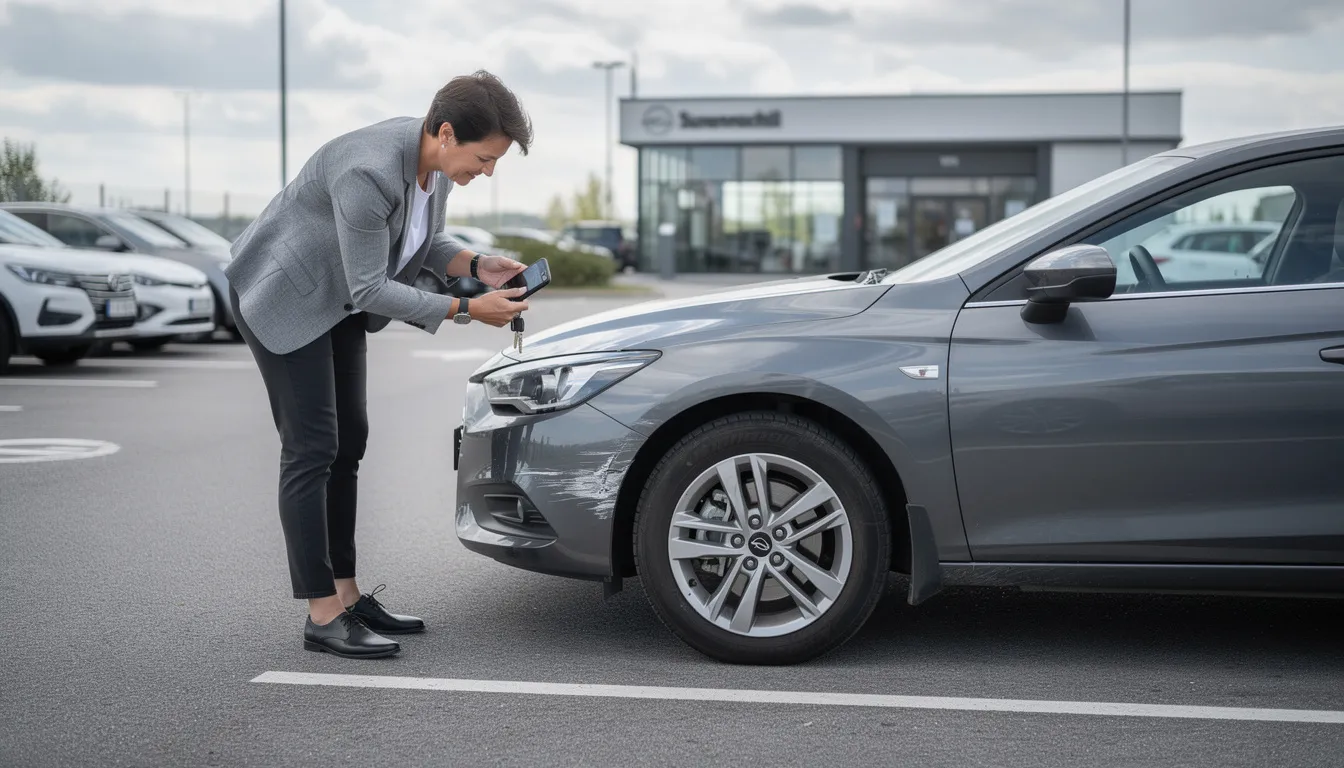 Une personne examine attentivement l'état d'une voiture de location avant de prendre la route, s'assurant qu'elle répond à ses besoins. L'image capture l'importance de la prise en charge d'un véhicule pour garantir une expérience de location sereine.