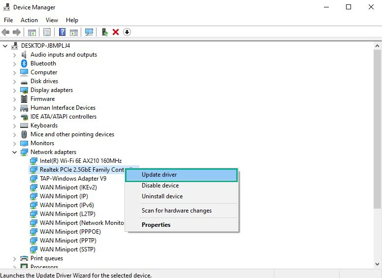 Choose Network Adapter. Right-click the adapter, and select Update Driver from the drop-down menu