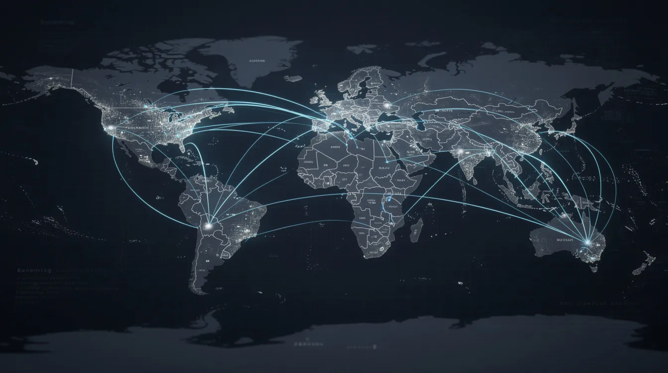 The image depicts a world map illuminated with glowing lines connecting major cities, symbolizing the flow of international money transfers. This visual representation highlights the efficiency of global banking networks, such as those provided by MCB Bank, facilitating secure transactions across borders.