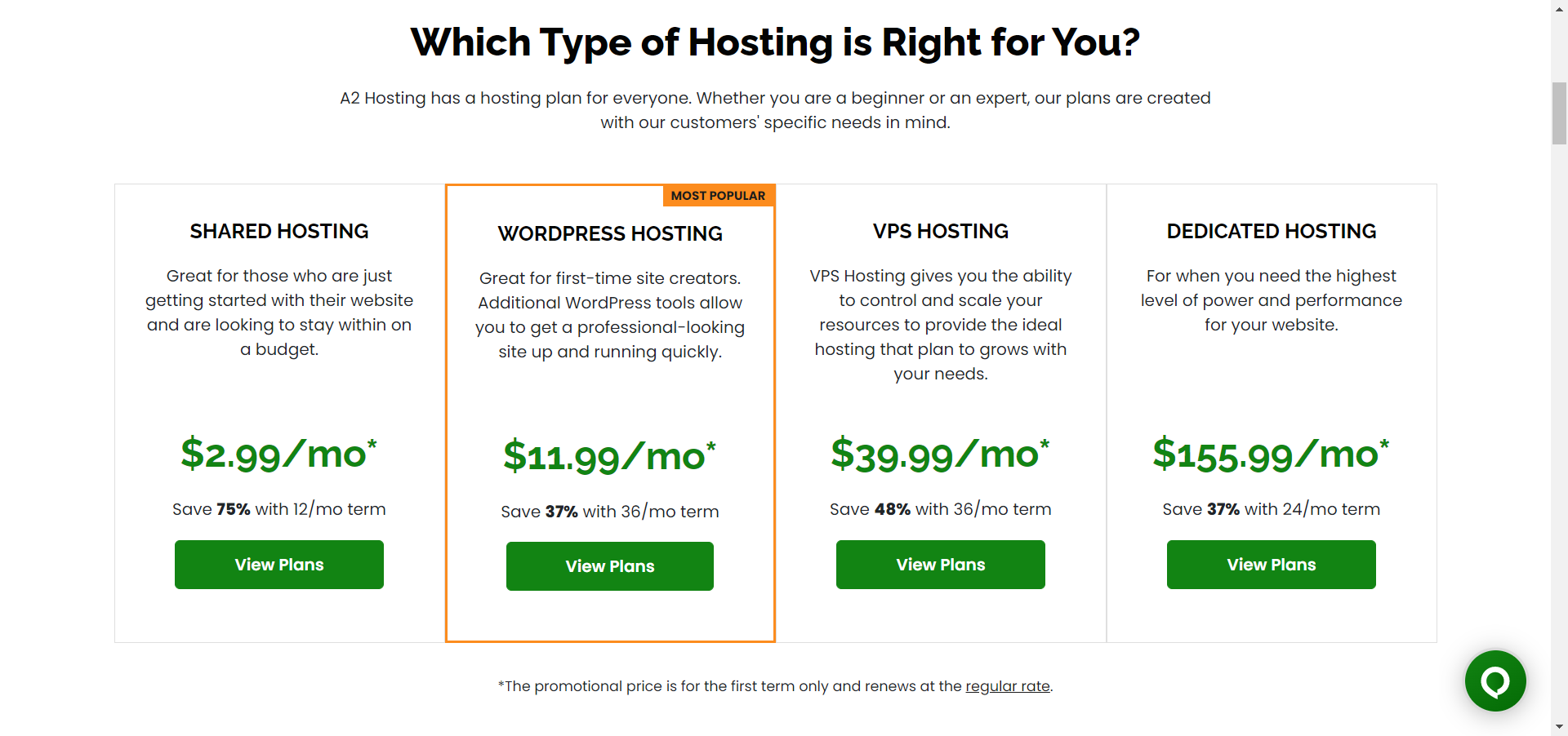 A2 Hosting pricing plans