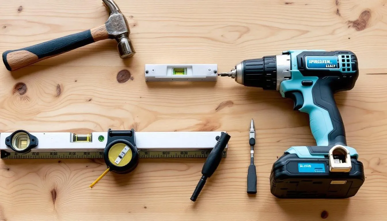 A collection of basic tools is neatly arranged on a surface, including a drill, level, and measuring tape, ready for the assembly of a sauna kit. These essential tools will help in constructing a sauna room, whether it's an outdoor sauna or an indoor sauna, ensuring a successful installation for a relaxing sauna experience at home.