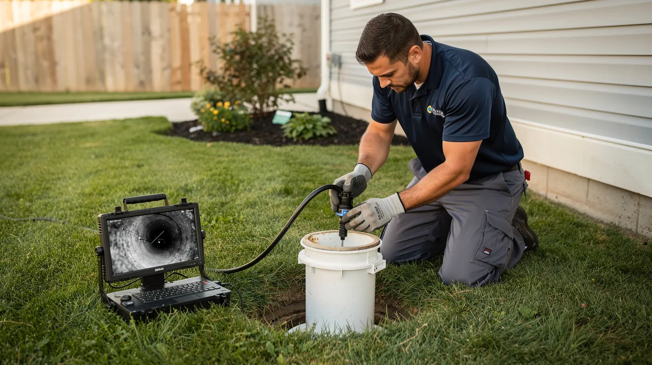 A plumber is seen inserting a specialized waterproof camera into a residential sewer cleanout pipe located in a green suburban yard, aiming to perform a video camera inspection for leak detection and to identify any hidden leaks in the sewer system. This process helps homeowners determine the condition of their plumbing system and detect potential issues before they lead to property damage.