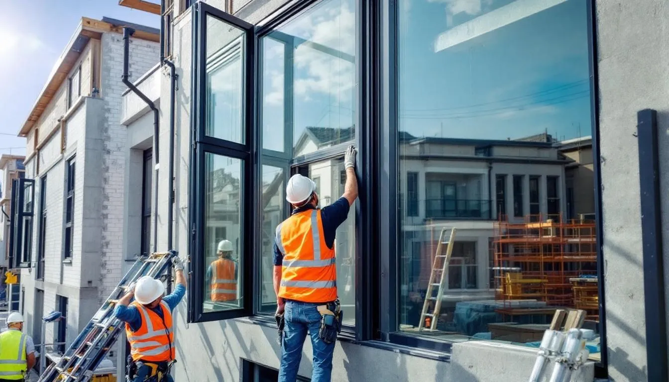 Een groep bouwvakkers is bezig met het installeren van moderne kunststof kozijnen in een residentieel gebouw, waarbij ze aandacht besteden aan thermische isolatie en energie-efficiëntie. De nieuwe kozijnen zijn ontworpen om een duurzame en onderhoudsarme oplossing te bieden, met opties voor dubbel of triple glas voor optimale isolatie.