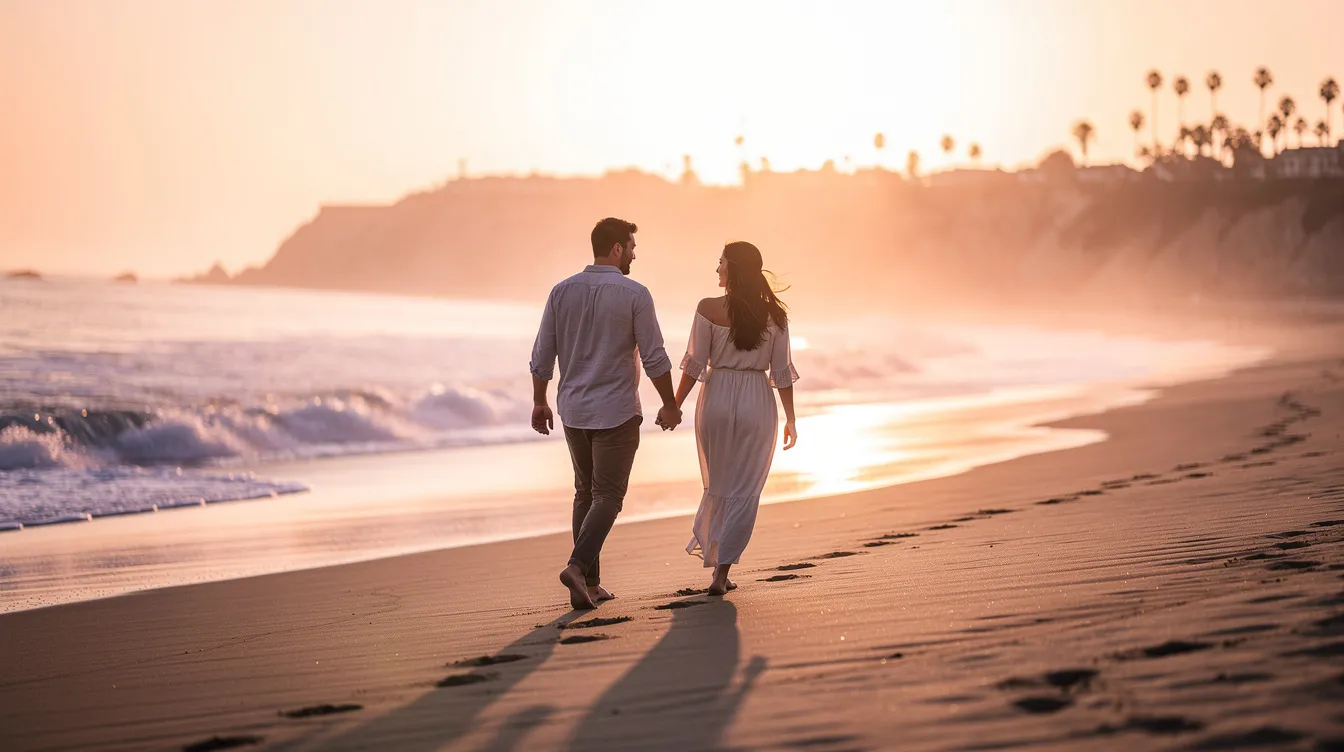 A couple strolls hand in hand along a serene California beach during golden hour, with the sun setting behind them, casting a warm glow on their faces. This peaceful moment symbolizes their journey towards healing and lasting recovery, reflecting the mutual support found in couples rehab programs.