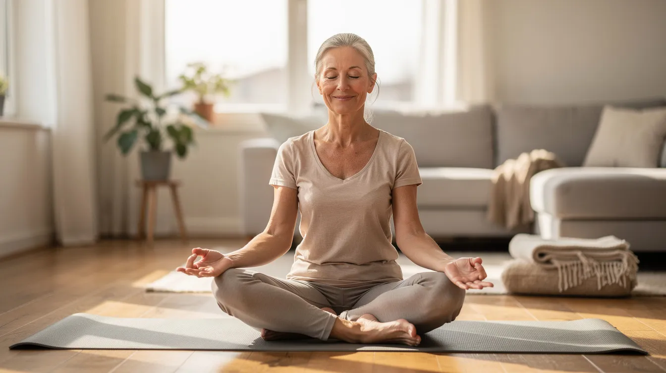 Une femme mature, sereine et en harmonie avec elle-même, pratique le yoga dans un cadre apaisant, favorisant son bien-être. Cette image évoque l'importance de prendre soin de soi tout au long du cycle menstruel, en particulier pendant les phases où le corps peut ressentir des fluctuations émotionnelles.