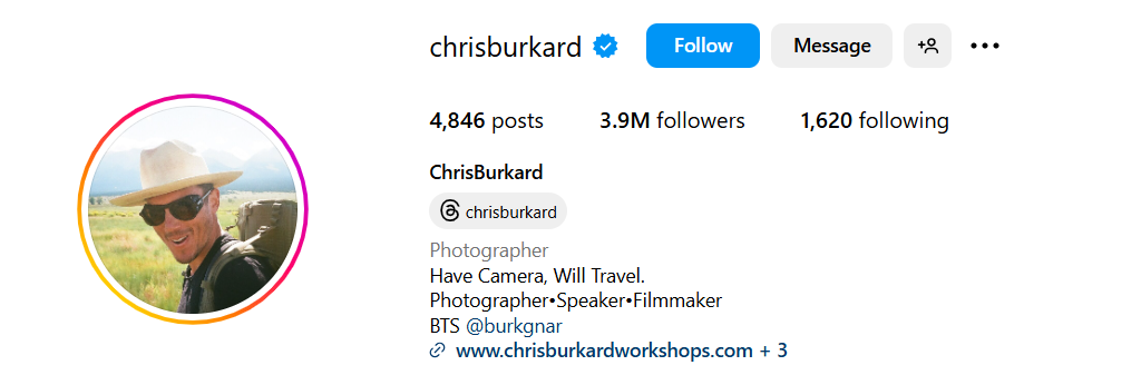 Chris Burkard's Instagram bio clearly stating that he is a photographer and travel enthusiast.