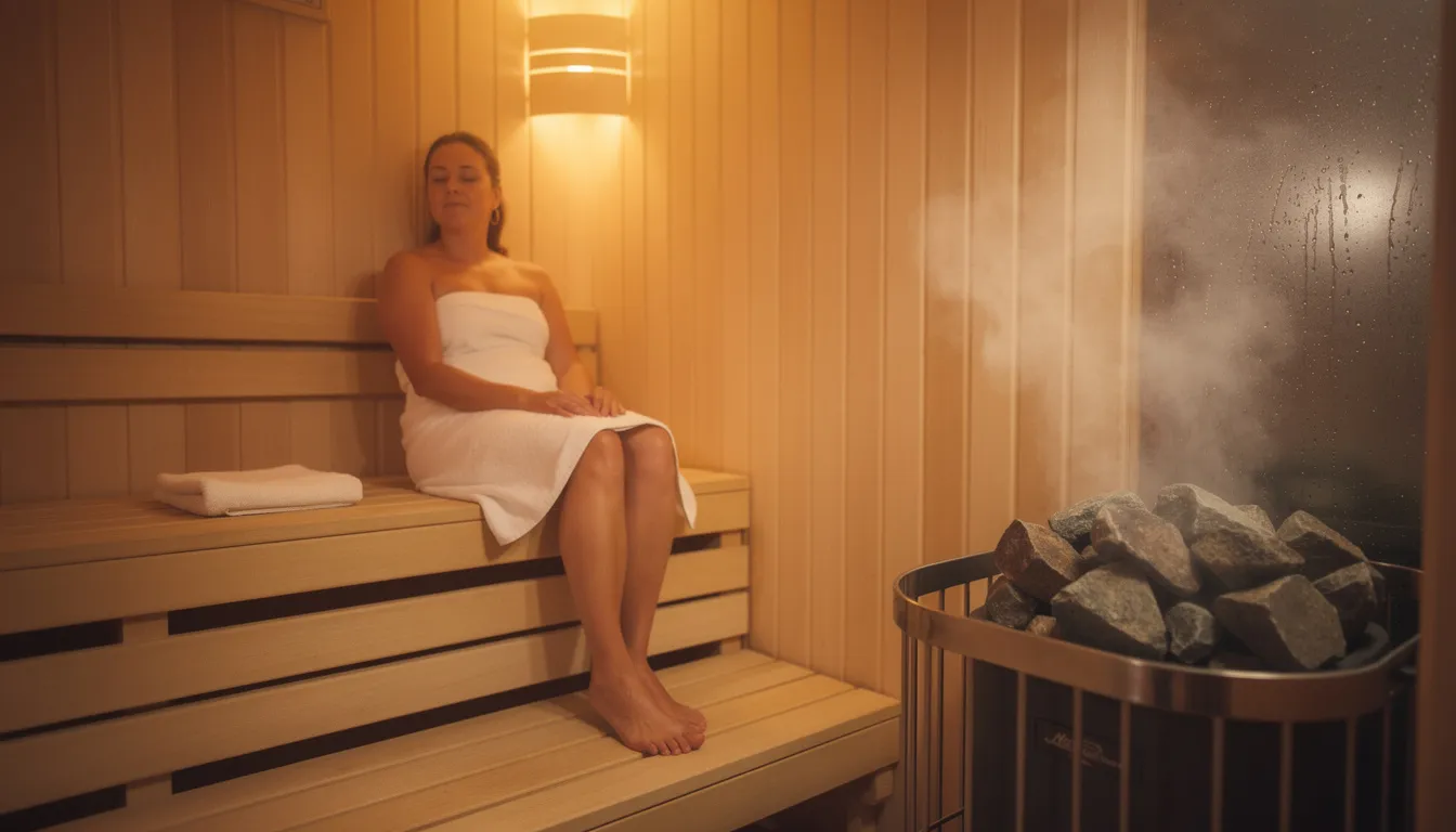 A person is relaxing on a wooden bench inside a traditional Finnish sauna, where steam rises from heated rocks, creating a moist heat environment ideal for calorie burn and muscle recovery. This serene setting highlights the health benefits of sauna sessions, including improved blood circulation and stress reduction.
