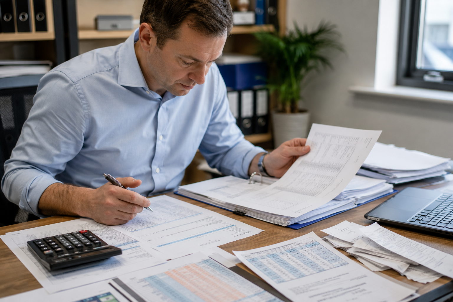 Accountant checking charity financial statements and accounting records during an audit.