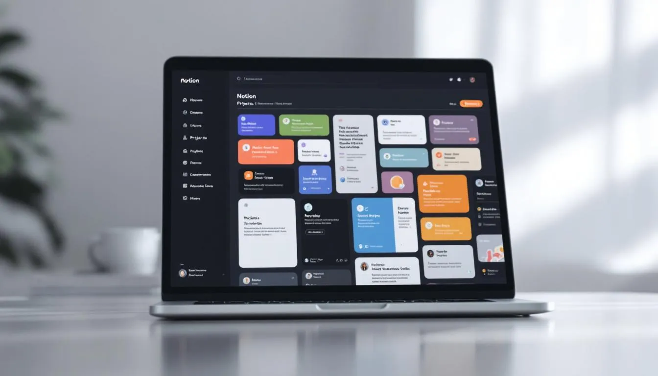 Interface de Notion sur un ordinateur, montrant l'organisation des projets et des notes.