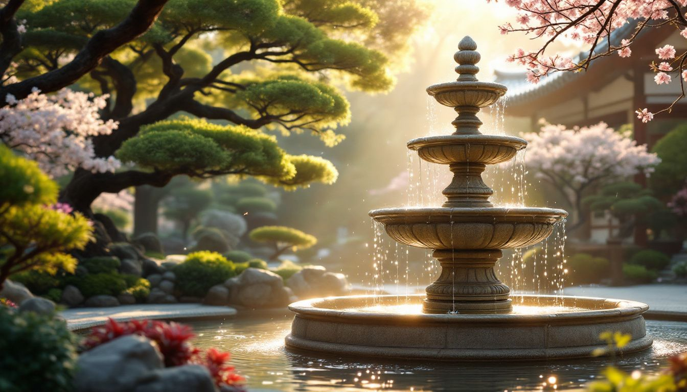 Elegant tiered fountain adding classic charm to a garden.