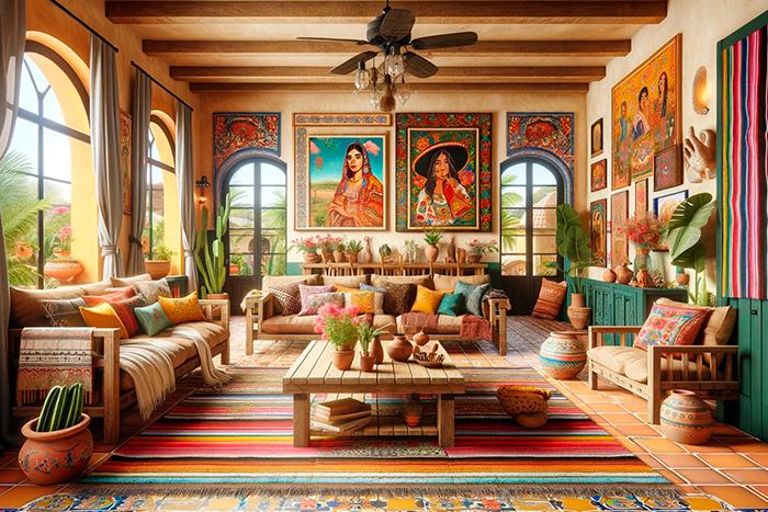 An example of a two bedroom home with a living area decorated in mexican style
