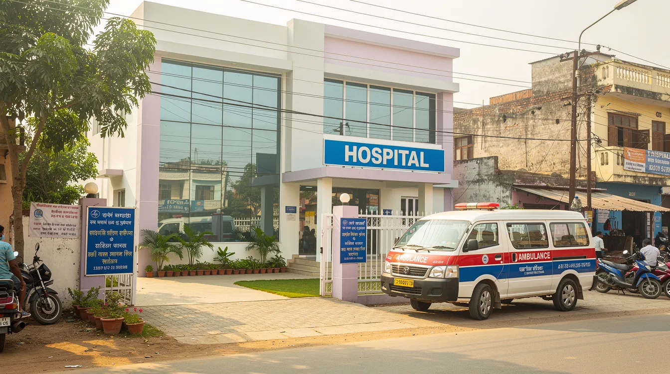 2e8c63e5 f416 47a3 aaf5 927d17960ce7 The image depicts a modern small hospital building with a clean facade, located in an Indian semi-urban area, featuring an ambulance parked outside. This healthcare facility is designed to provide quality medical services and support emergency medical needs in the community.