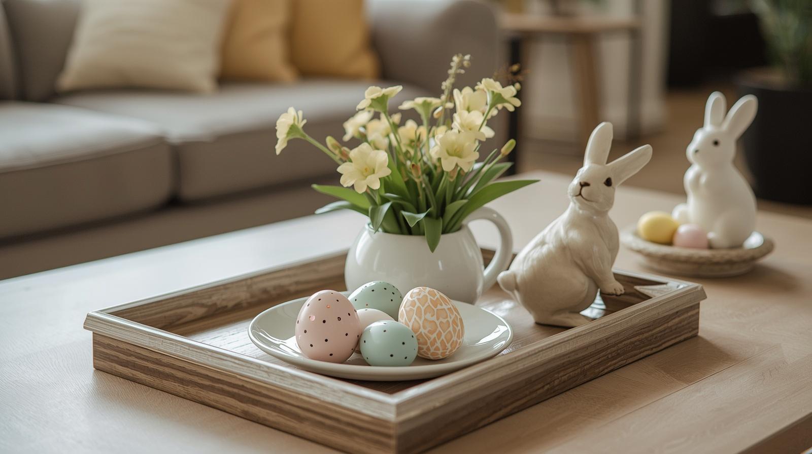 Ceramic eggs and bunnies used in a creative way to decorate a coffe table