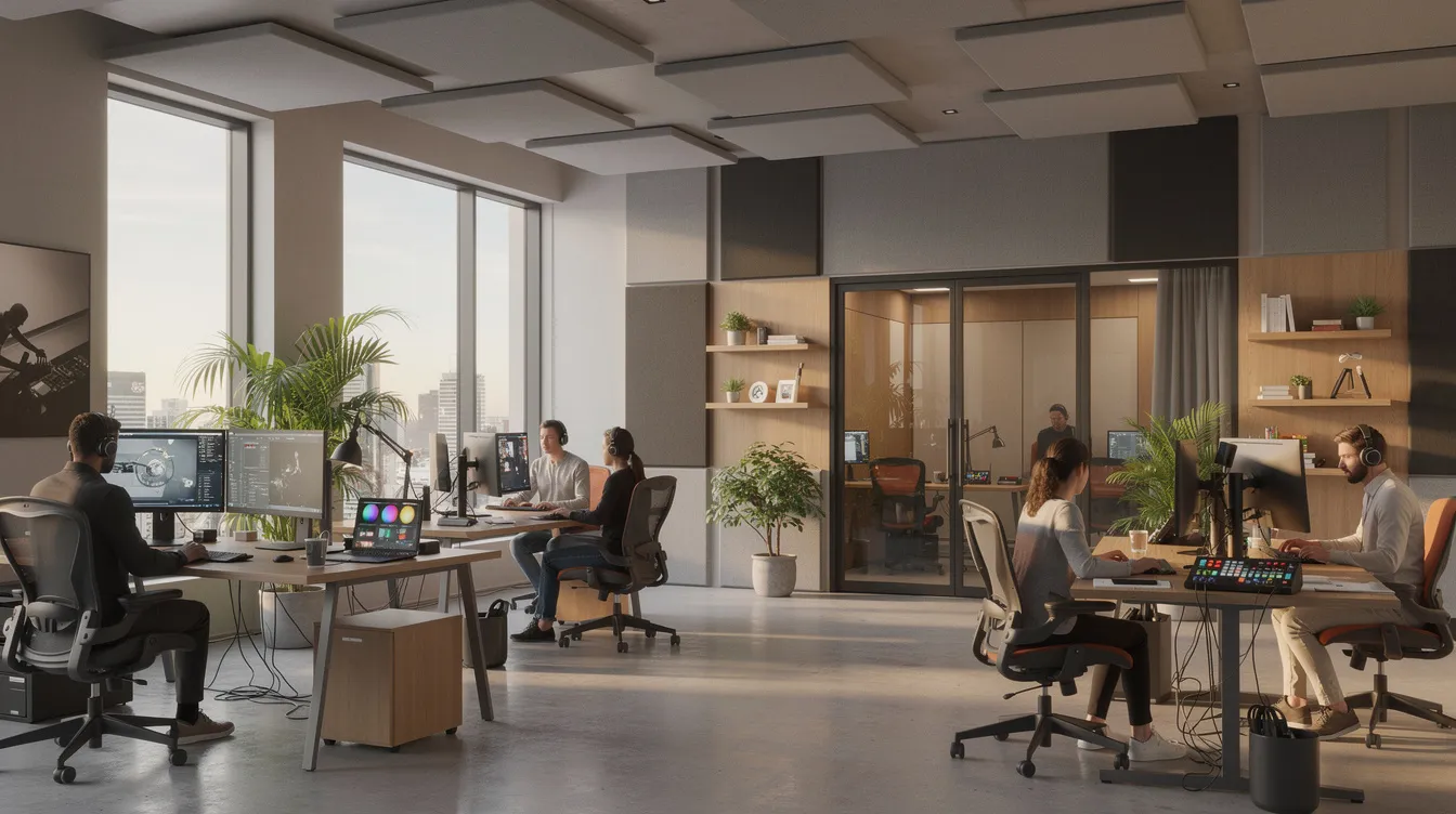 Das Bild zeigt ein modernes Büro mit kreativen Arbeitsplätzen, in dem mehrere Mitarbeiter an Monitoren arbeiten. Die helle Beleuchtung und die zeitgemäße Einrichtung schaffen eine inspirierende Atmosphäre für die Filmproduktion und Videomarketing, typisch für die muthmedia GmbH in Frankfurt am Main.