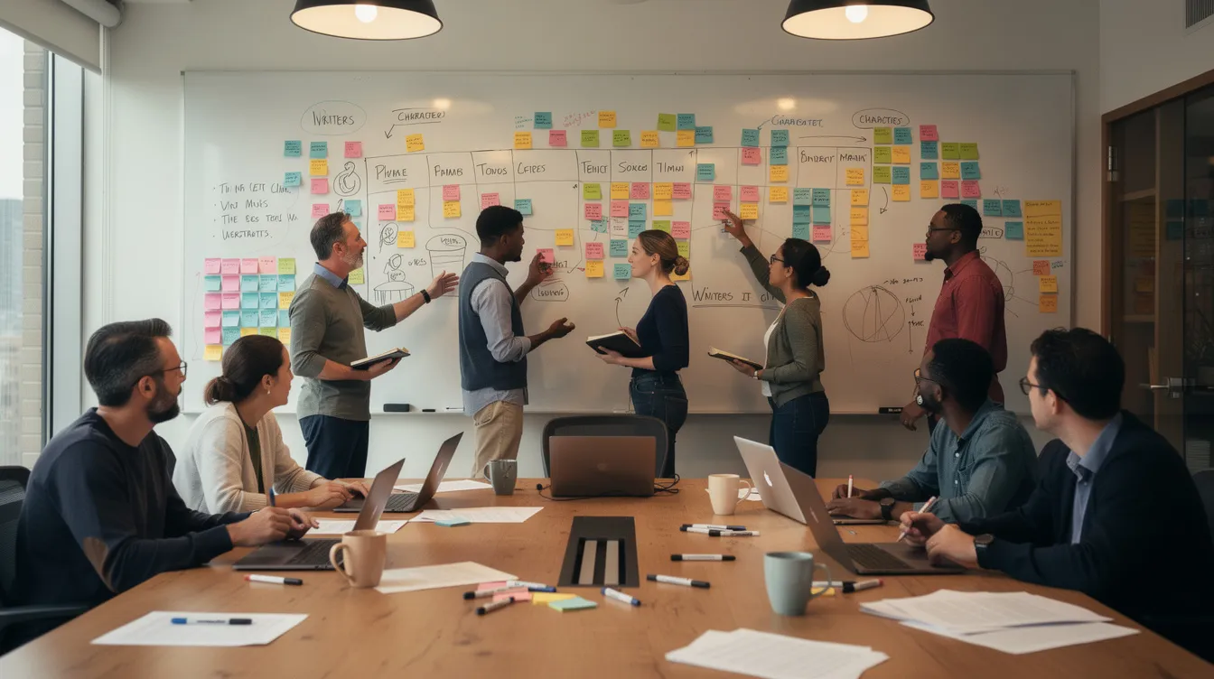 Ein Writers' Room, in dem mehrere Personen an einem großen Whiteboard stehen, das mit Notizen und Skizzen gefüllt ist, während sie leidenschaftlich über die Handlung und Charakterentwicklung einer neuen Serie diskutieren. Die Atmosphäre ist kreativ und dynamisch, ideal für das Storytelling von Fernsehdramen wie "Breaking Bad" oder "The Sopranos".