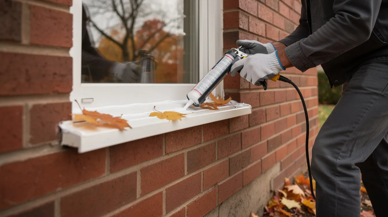 A homeowner is applying caulk around a window frame on a brick house, preparing for the colder weather of autumn. This fall home maintenance task helps to prevent cold air from entering the home, ensuring warmth and reducing heating bills as winter arrives.