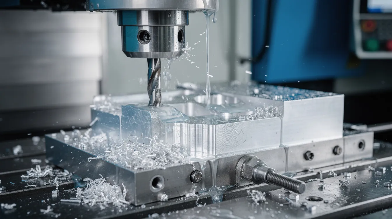 A CNC milling machine is precisely cutting an aluminum part while coolant flows over the workpiece to maintain temperature and reduce friction. This image showcases the mechanical systems at work, illustrating the importance of mechanical knowledge and skills in manufacturing processes.